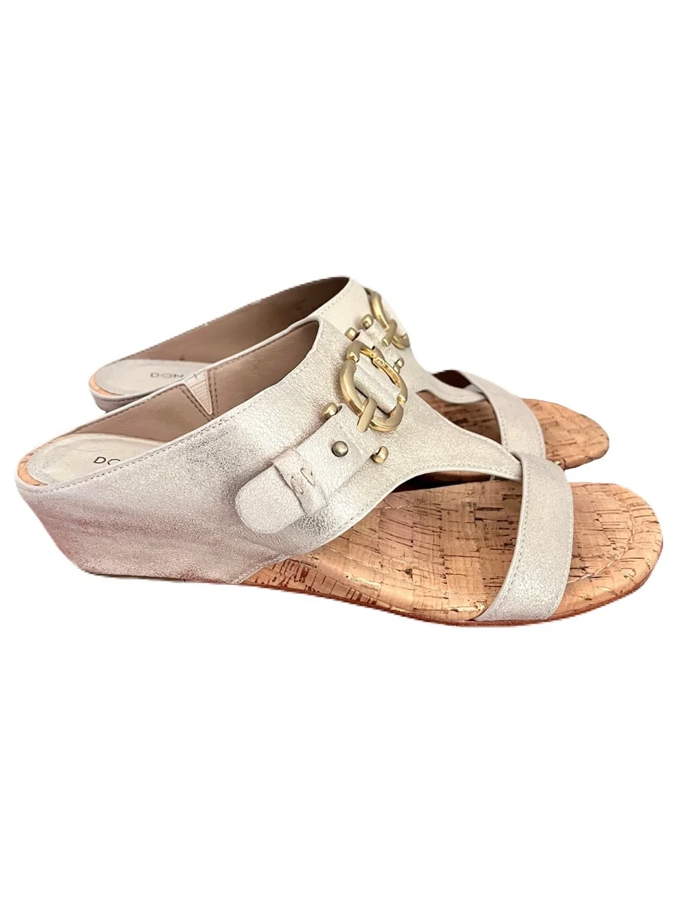 Donald Pliner Champagne Beige Metallic Leatger ‘Dayna’ Wedge Sandals, Size 8
